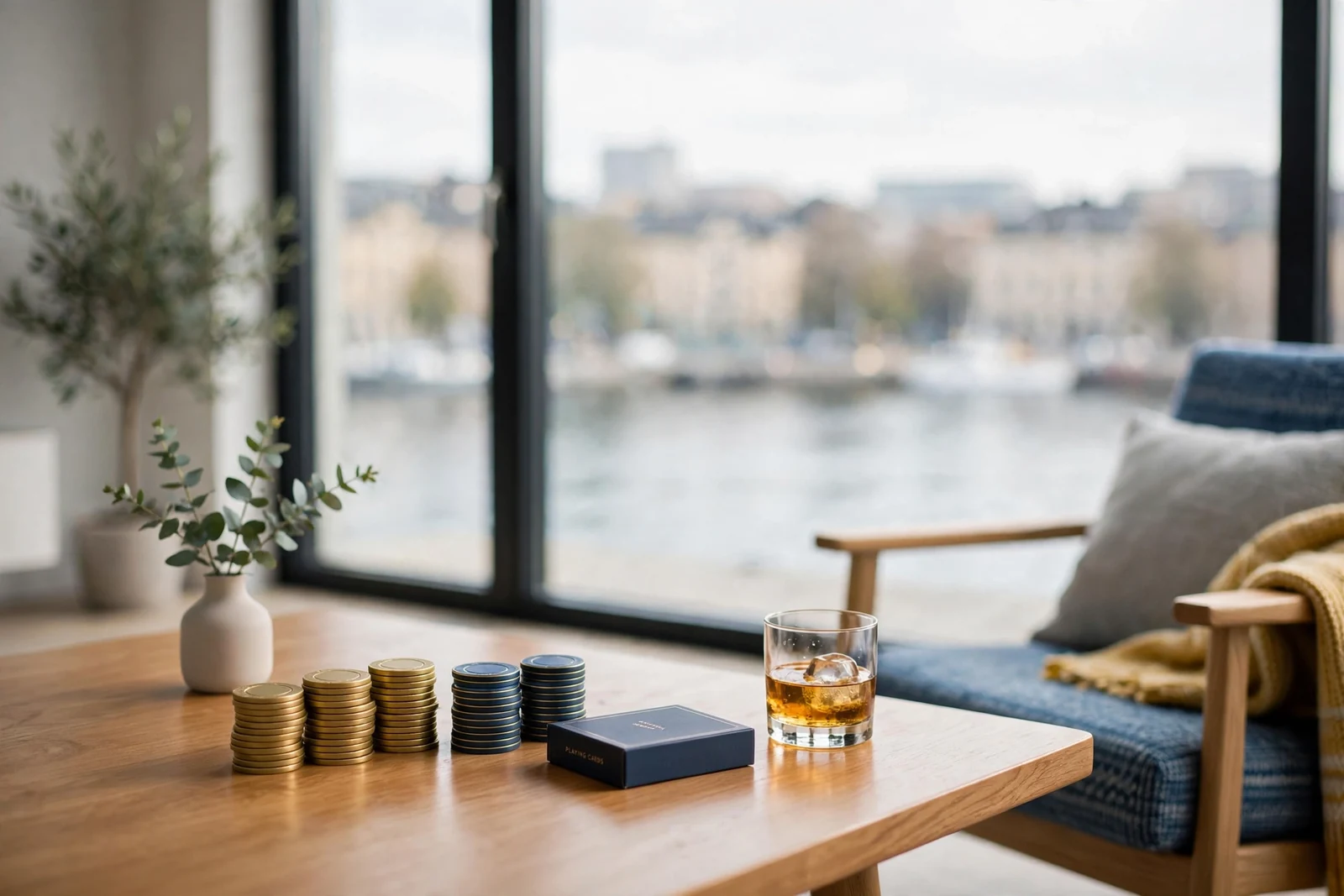 Modernt skandinaviskt rum med casinomarker och en kortlek på ett ekbord