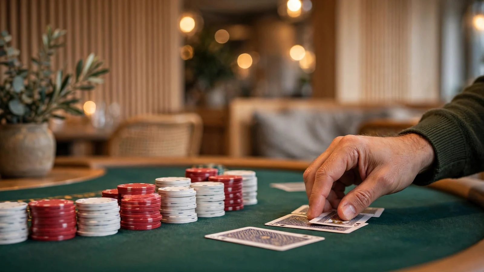 Blackjack-bord med marker och kort på ett svenskt casino