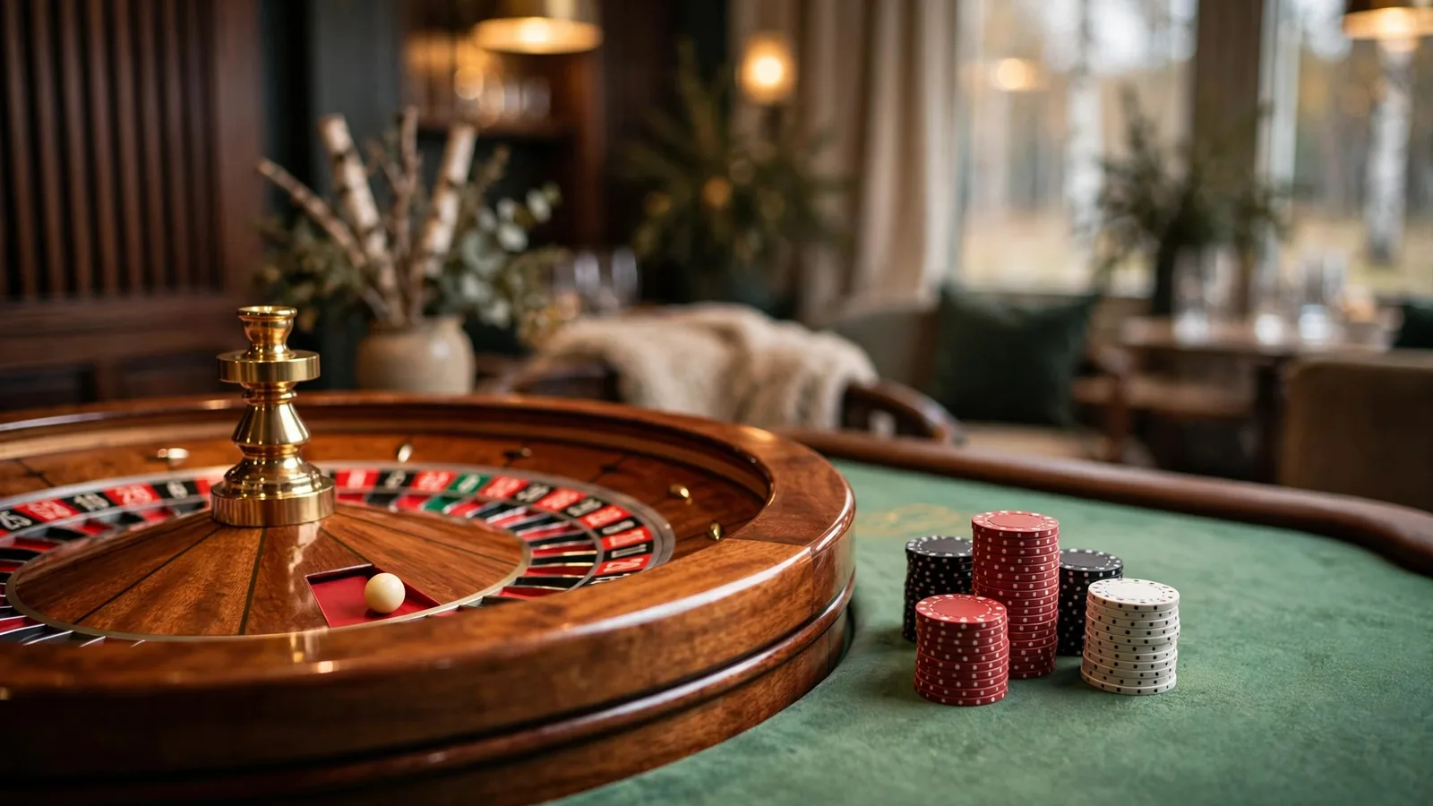 Roulettehjul och casinospelmarker på ett elegant svenskt spelbord 2026.