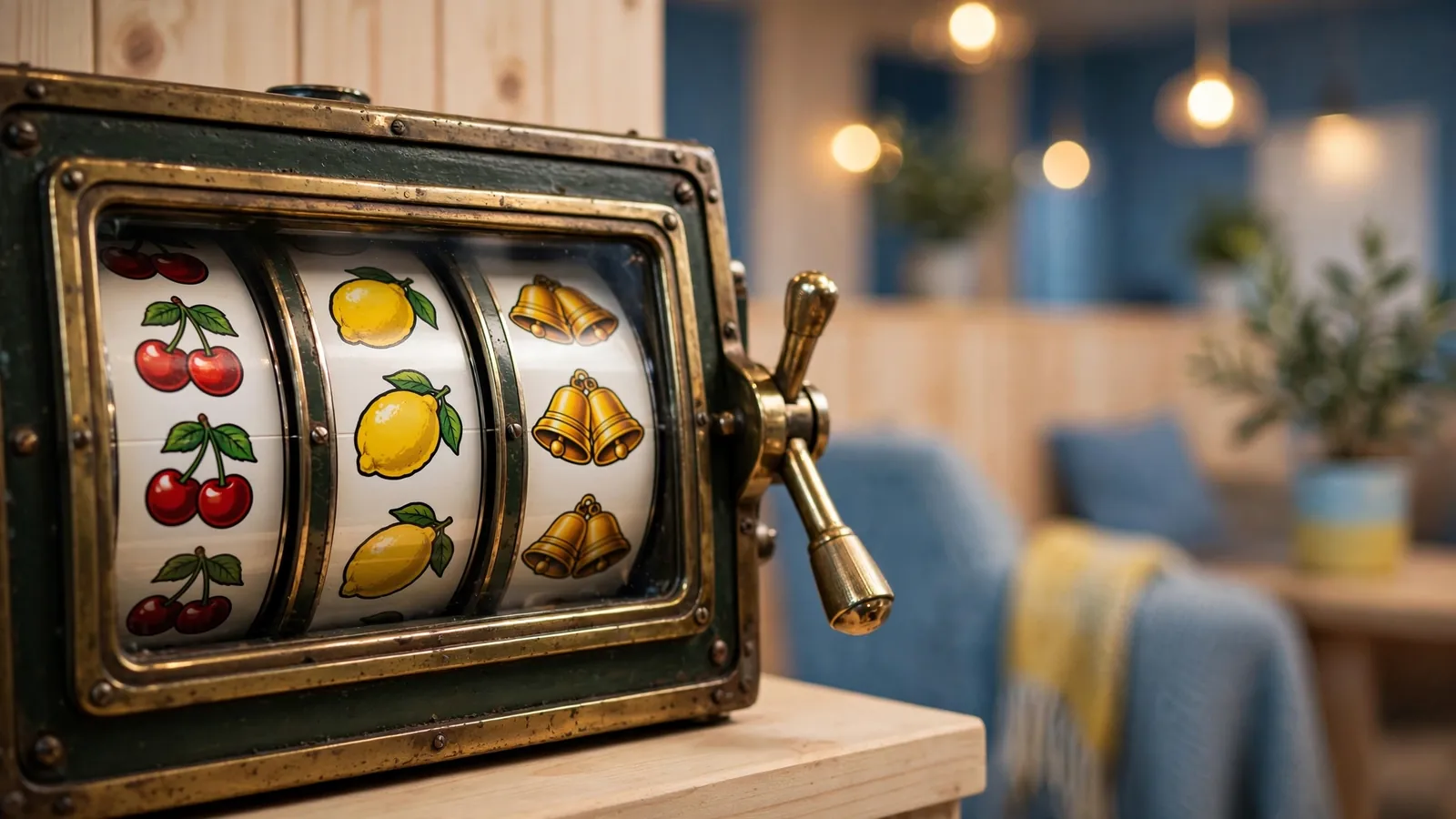 Närbild av klassiska spelautomat-hjul med fruktsymboler i en svensk spelhall