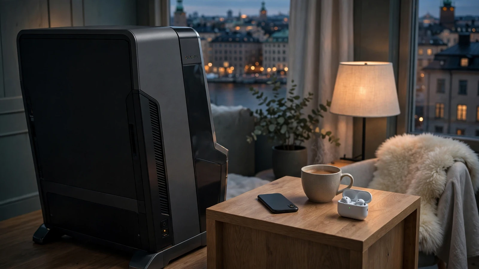 Modern slotmaskin i mysig svensk lägenhet med kvällsljus