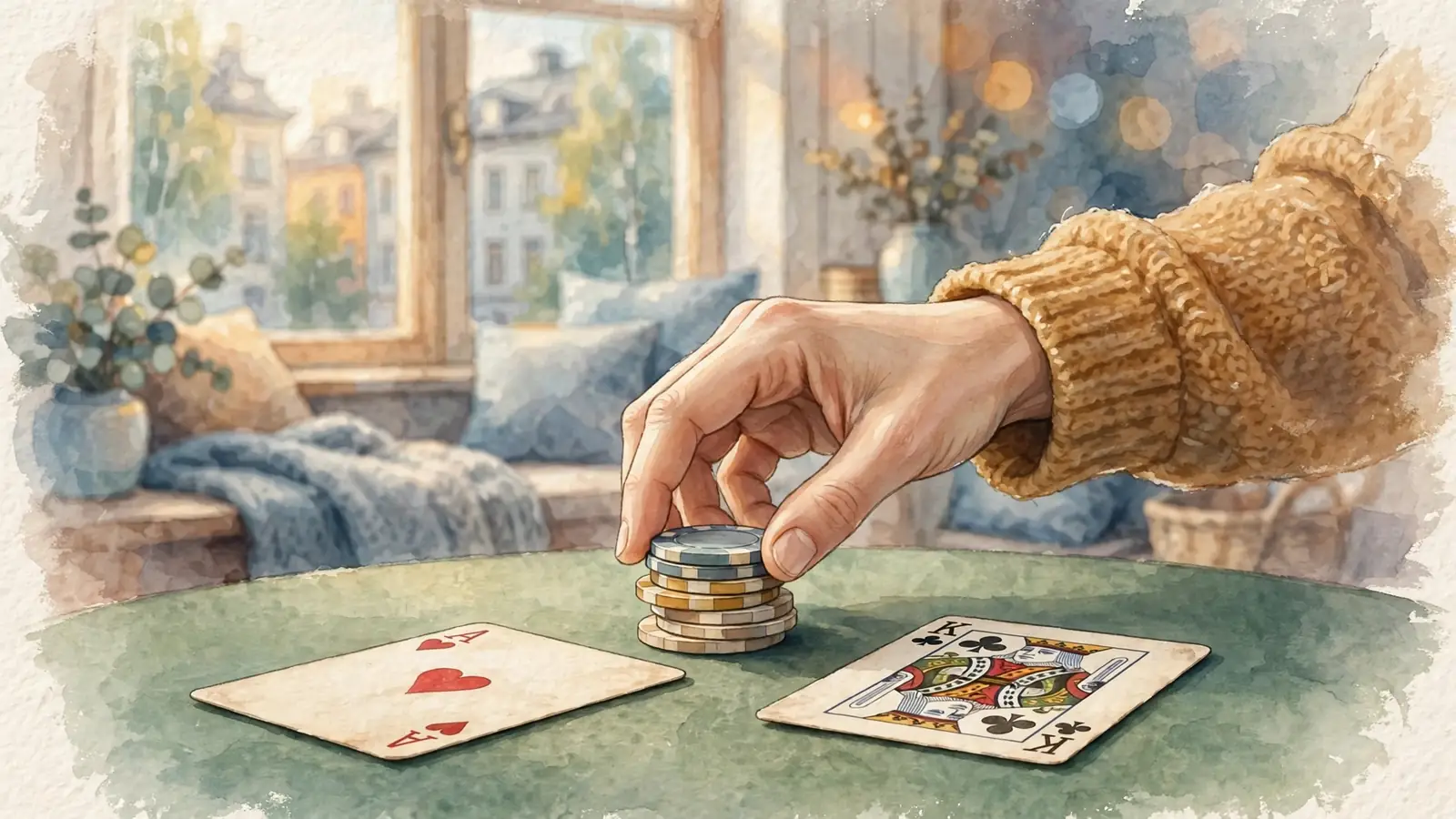 Illustration av casinofigurer och spelkort på ett grönt bord