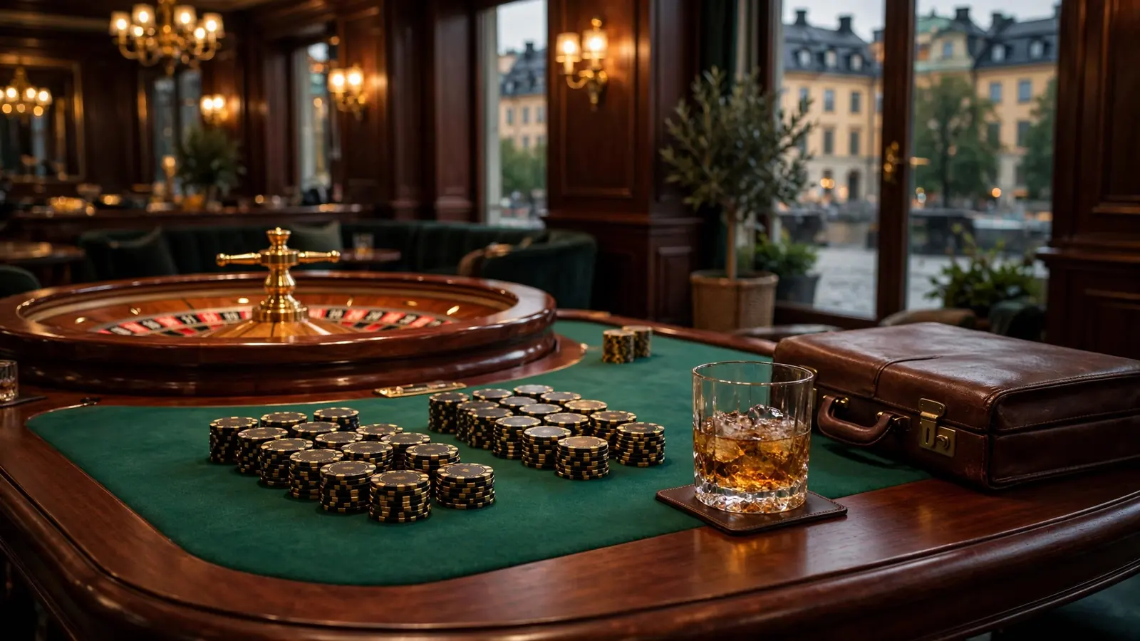 Lyxigt high-roller casinobord i Stockholm med höga chipstackar och korthus