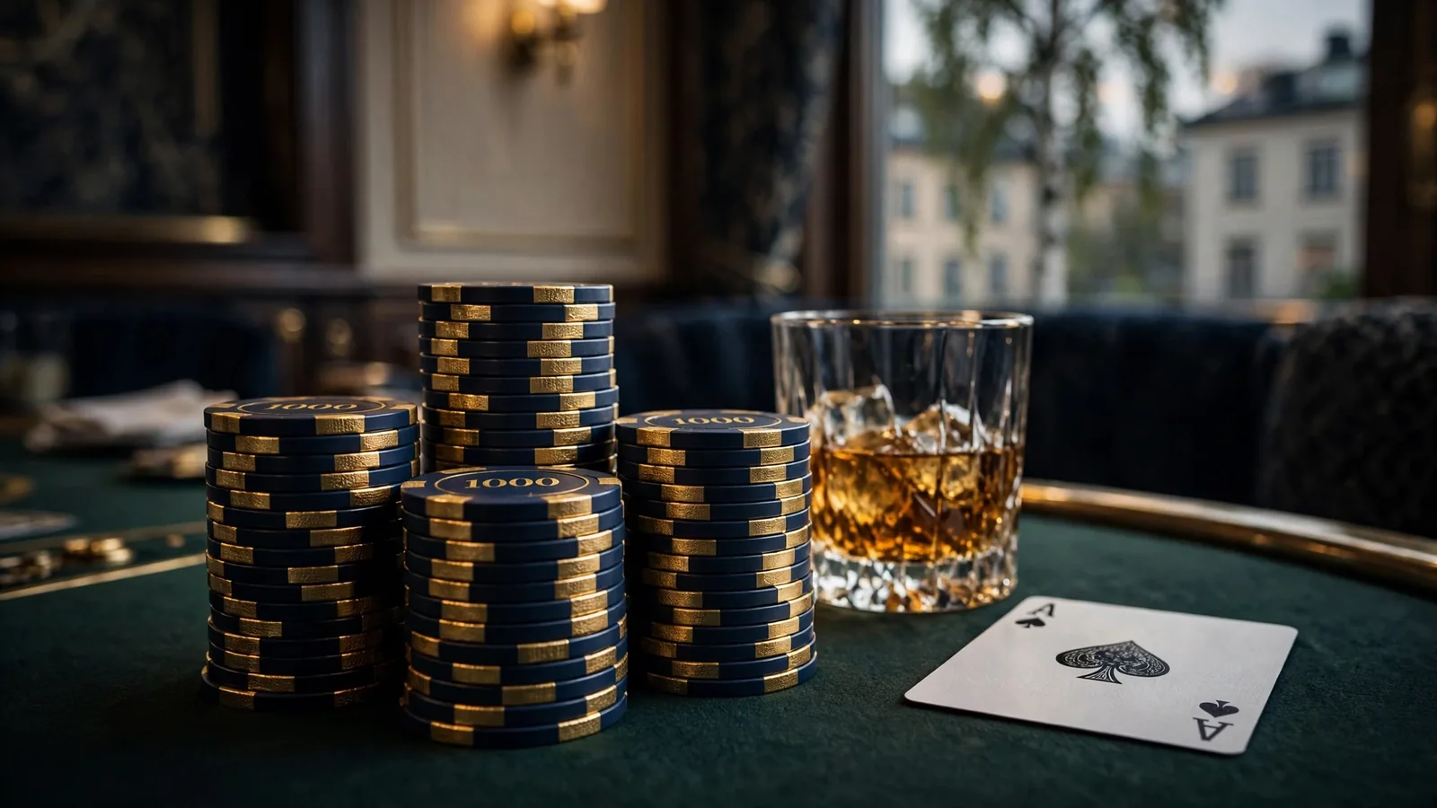 Exklusivt VIP-bord med höga insatser, marker, whisky och ess i lyxig skandinavisk casinomiljö