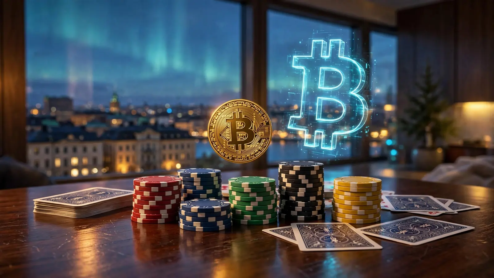 Bitcoin-mynt och casinomarker på ett träbord med norrsken över Stockholm i bakgrunden