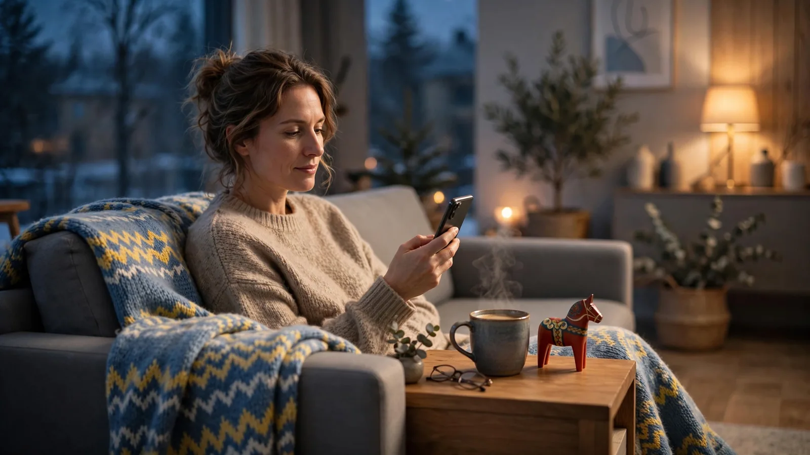 Person i mysig svensk vardagsrum med mobil och kaffe