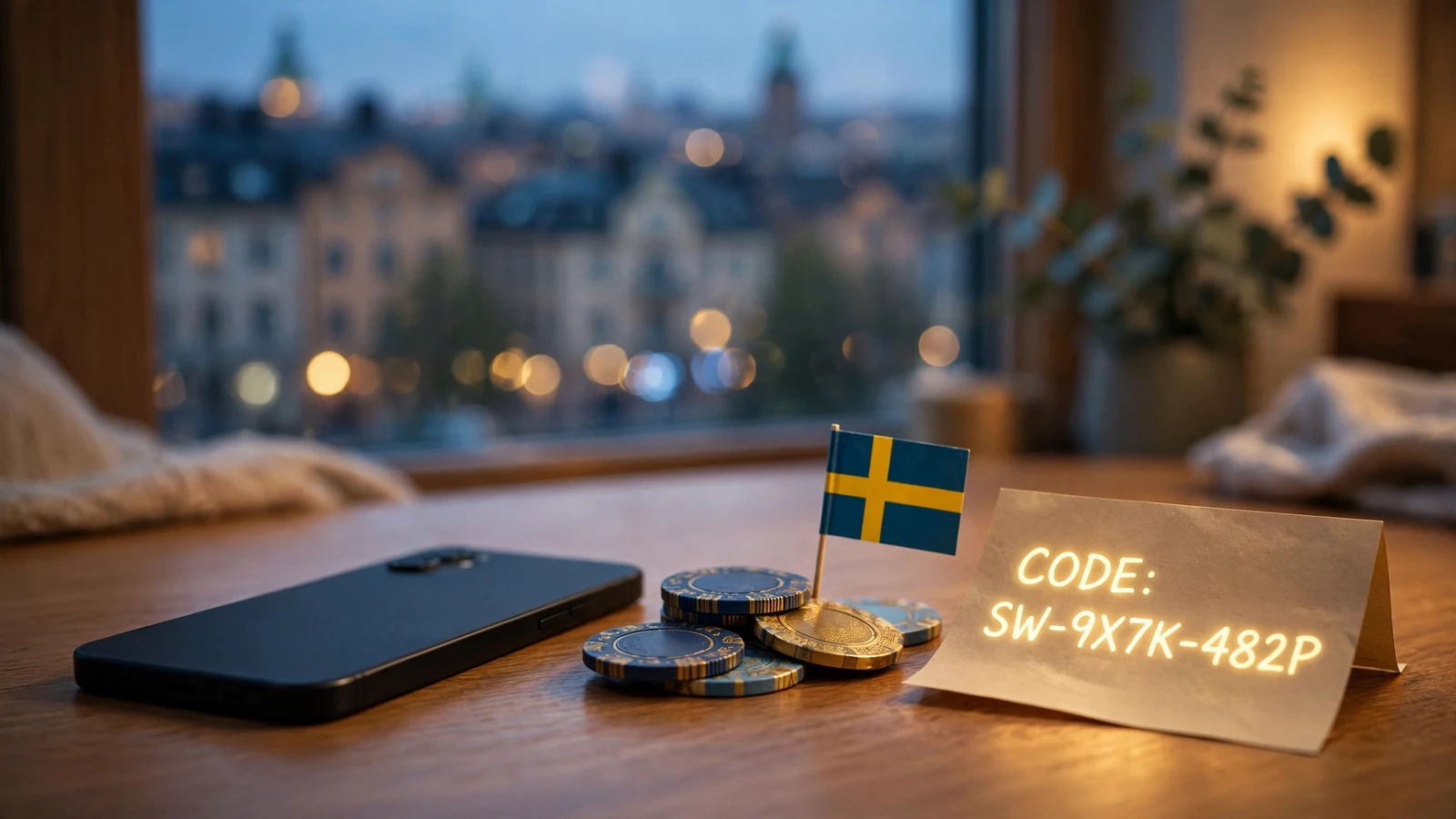 Smarttelefon med casinomynt och bonuskod på ett svenskt bord