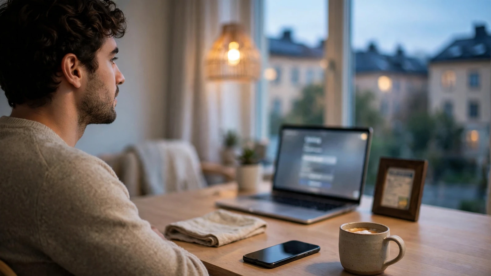 Svensk person vid skrivbord med telefon och licenshandling