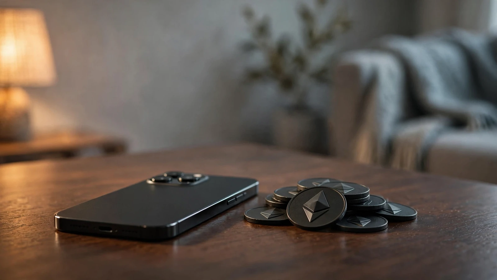 Smartphone och Ethereum-mynt på ett mörkt bord i en modern svensk inredning.