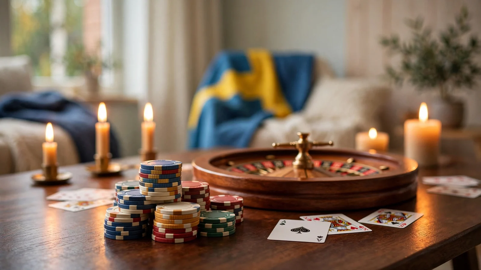 Skandinavisk casinobordsscen med marker, roulette och kort