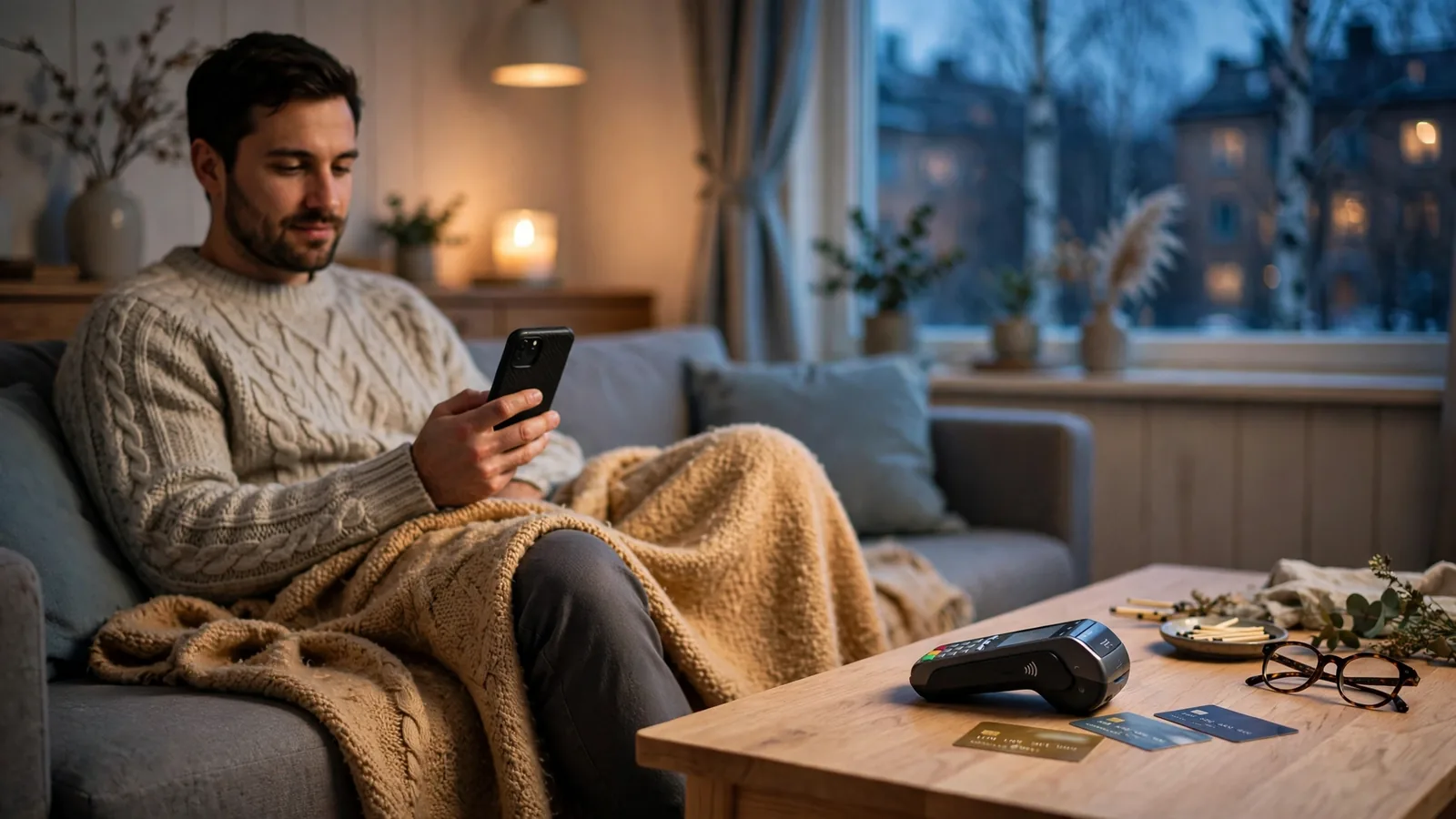 Person i modern svensk lägenhet med mobiltelefon och kontaktlös betalning