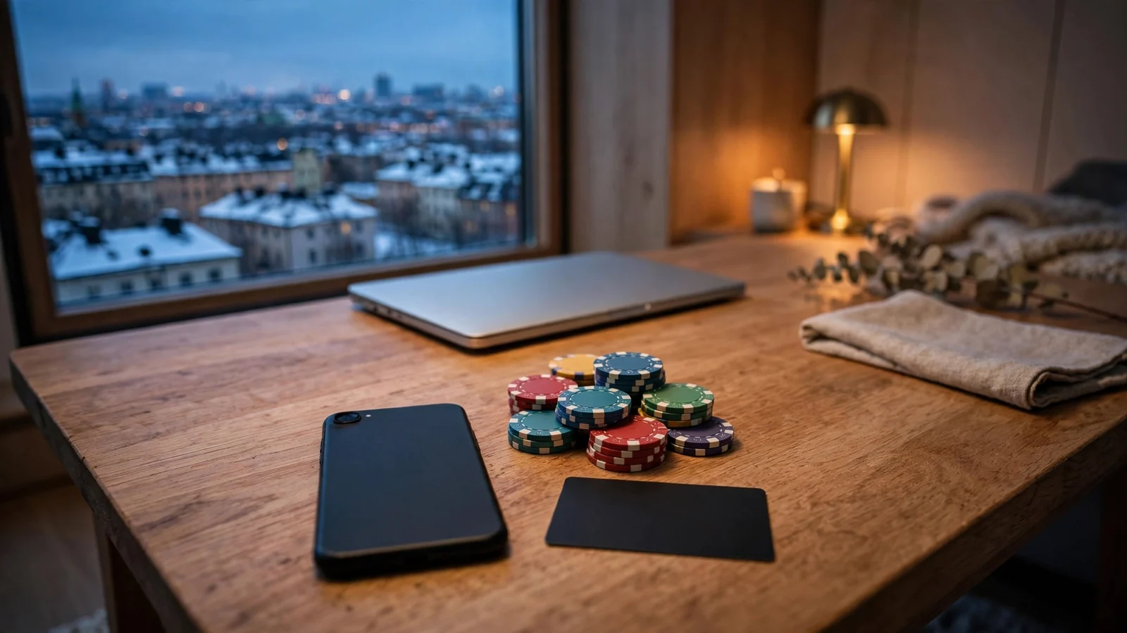 Svenskt vardagsrum med casinotillbehör och e-plånbok på bordet