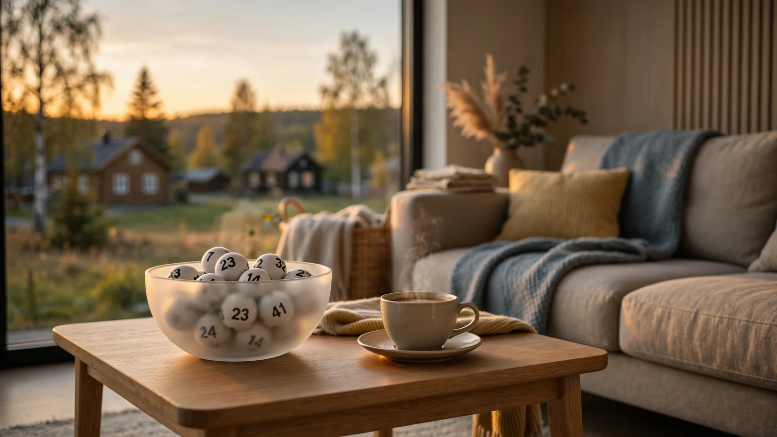 Skandinaviskt vardagsrum med skål med kenobollar och varm belysning