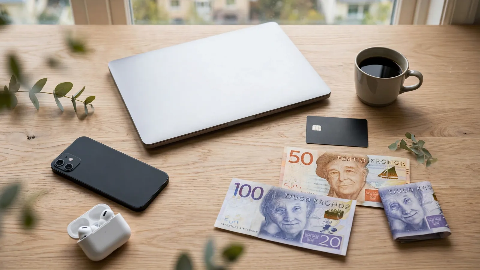 Minimalistisk skandinavisk arbetsyta med smartphone och betalkort