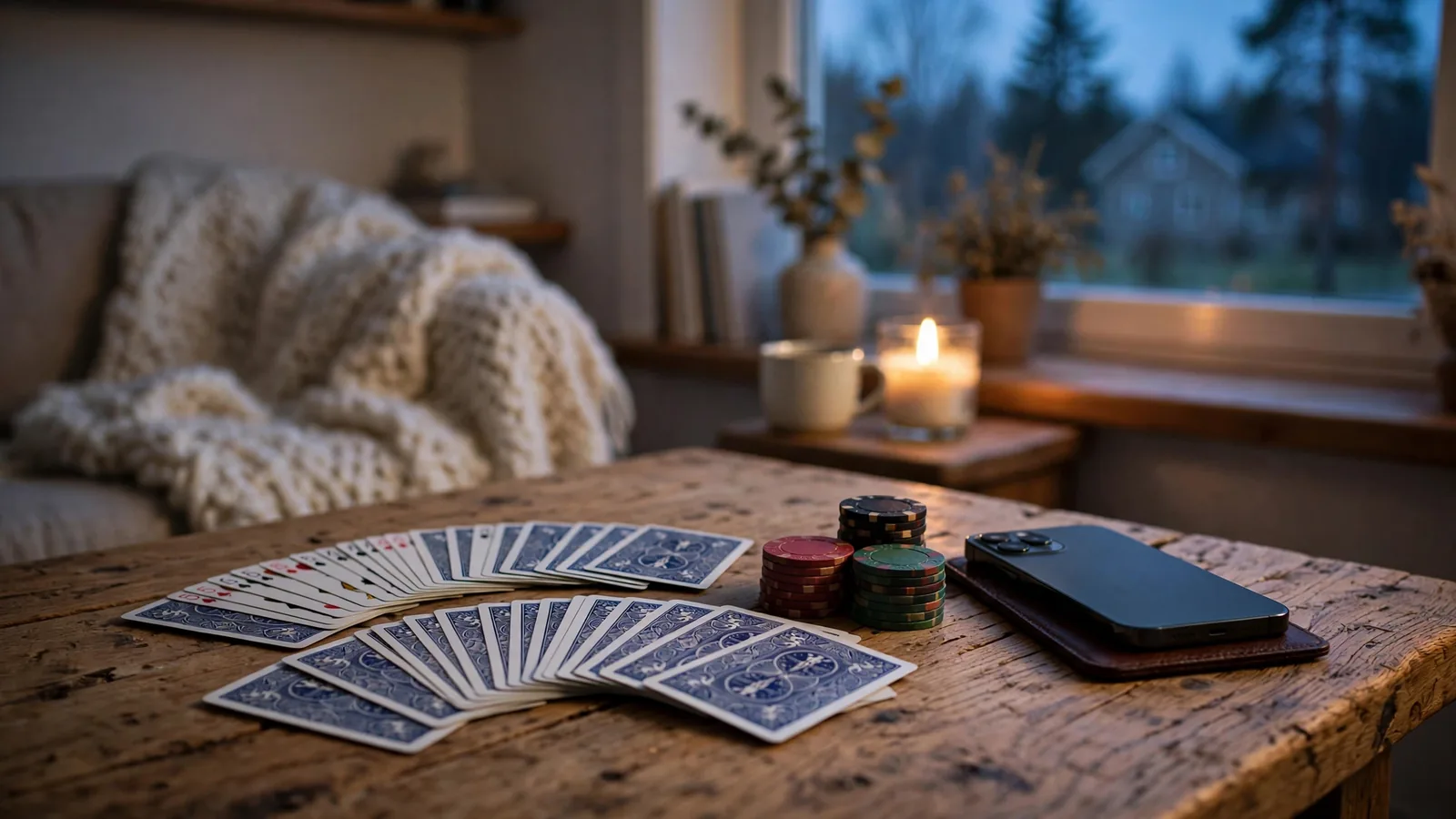 Spelkort och casinofickor på ett svenskt bord med en mobiltelefon med skärmen nedåt