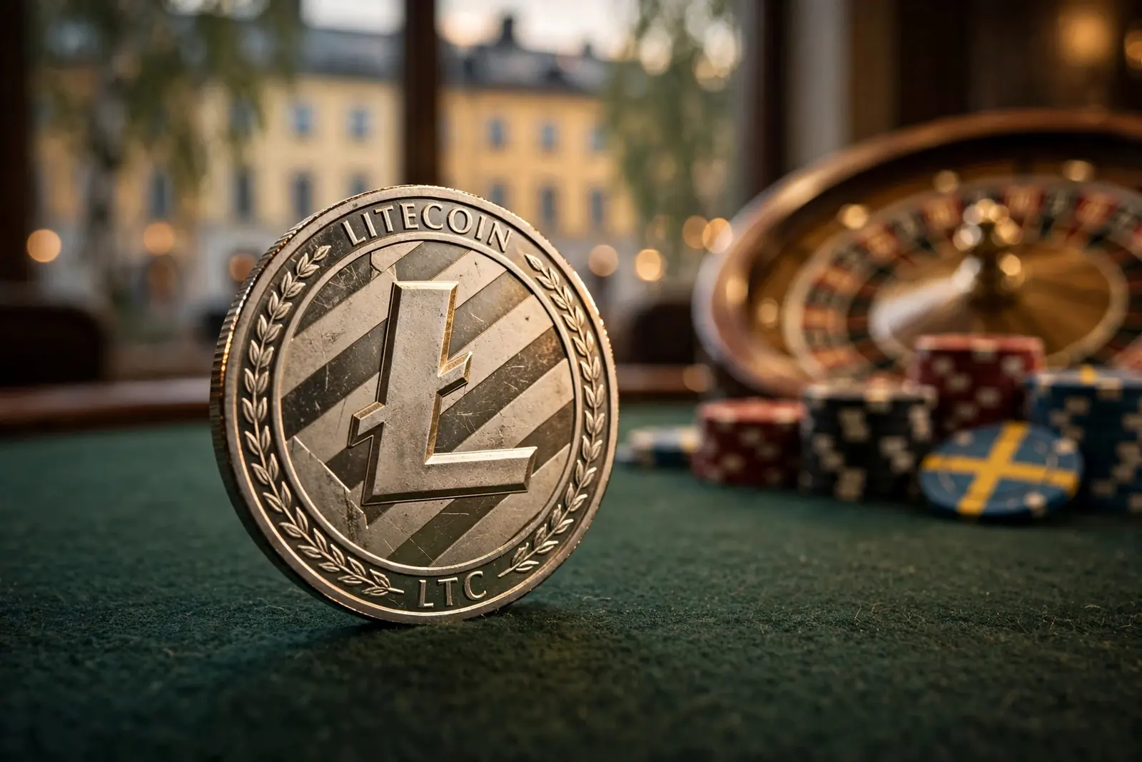 Litecoin-mynt på casinobord med roulette och marker