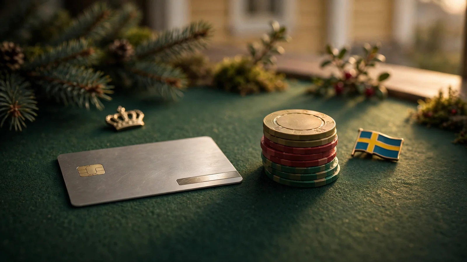 Ett betalkort och casinomarker på grönt bultetbord