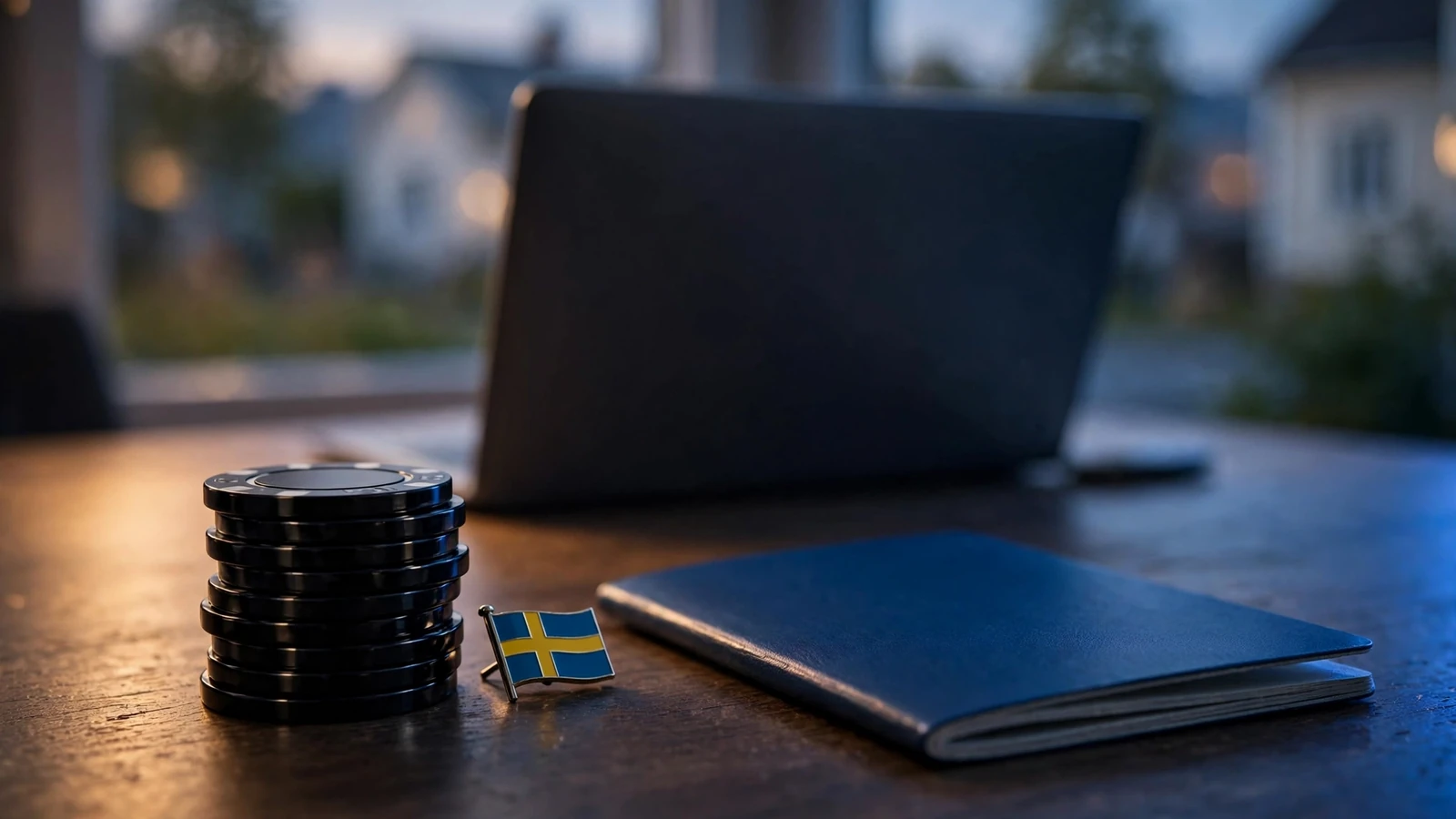 Svensk flagga, pass och casinospelmarker på ett skrivbord