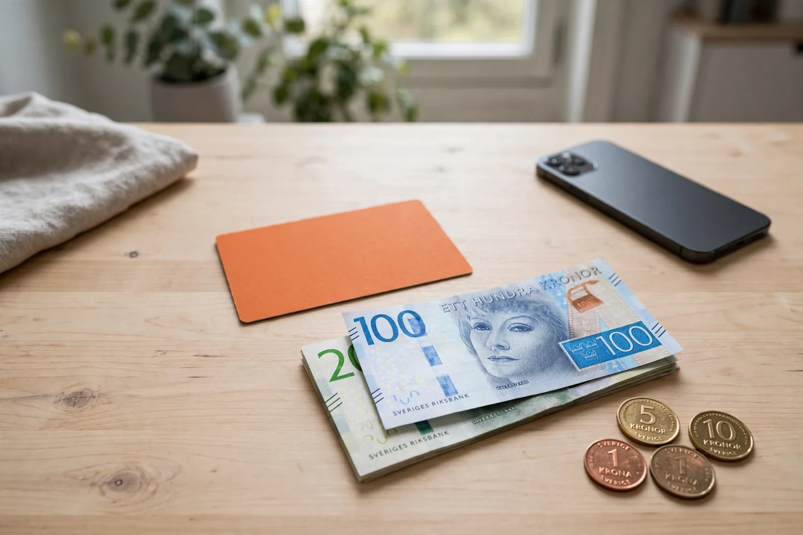 Neosurf-prepaid voucher med svenska kronor och en mobiltelefon på ett skrivbord.