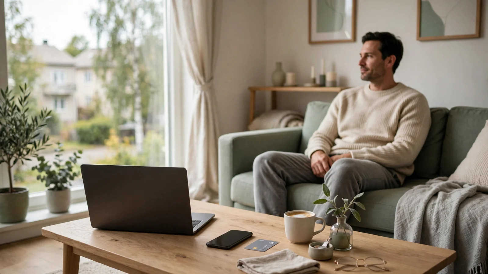 Modernt svenskt vardagsrum med laptop och mobilbetalning vid soffan