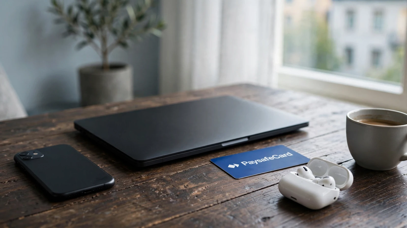 Paysafecard-värdekort, stängd laptop och smartphone på ett skandinaviskt skrivbord