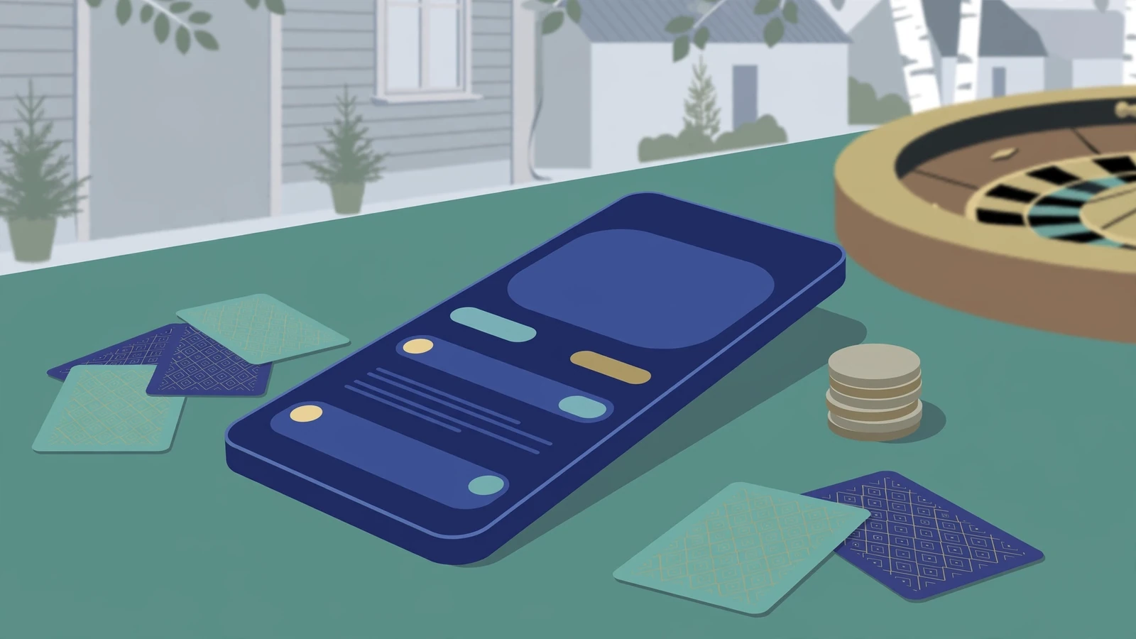 Smarttelefon med Revolut-appen på ett casinobord med marker och spelkort