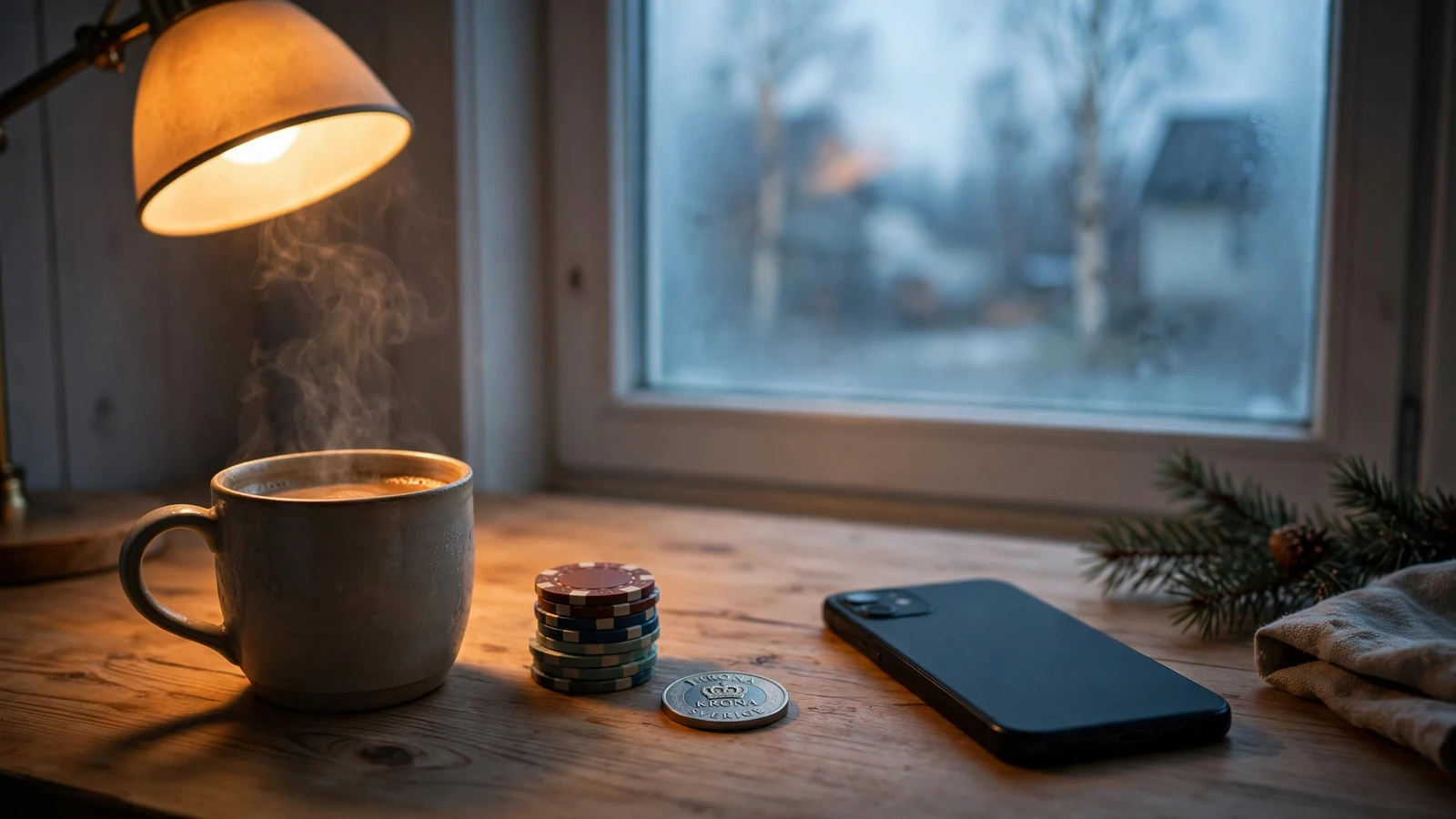 Stämningsfullt nordiskt rum med telefon, casinofärger och svensk kronamynt på träbord