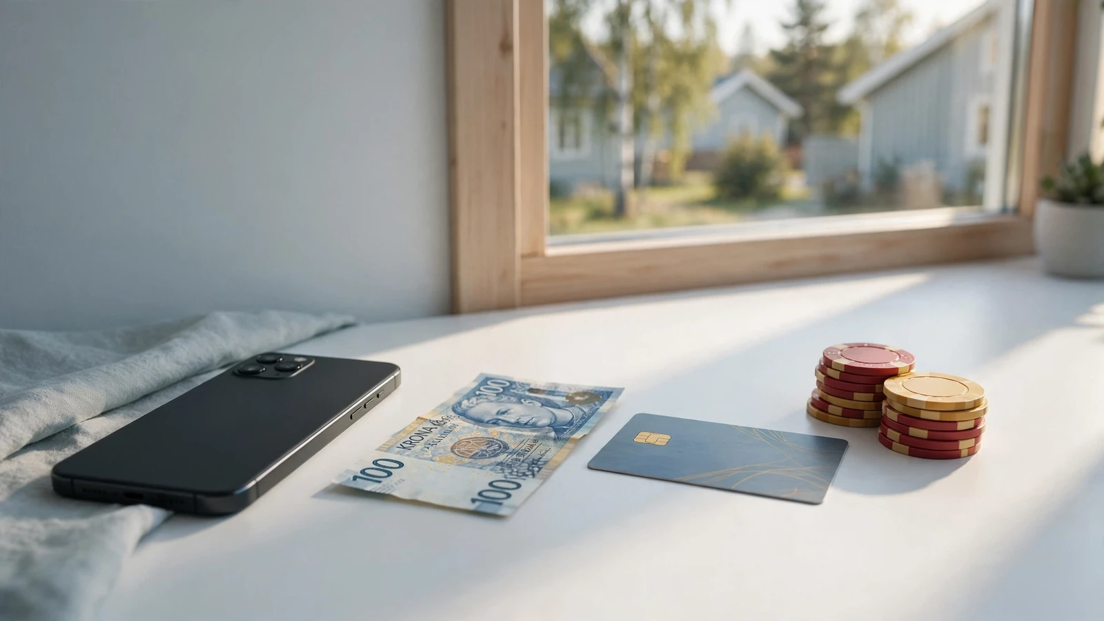 Smarttelefon med Skrill-e-plånbok, svenska kronor och casinofigurer på skrivbord