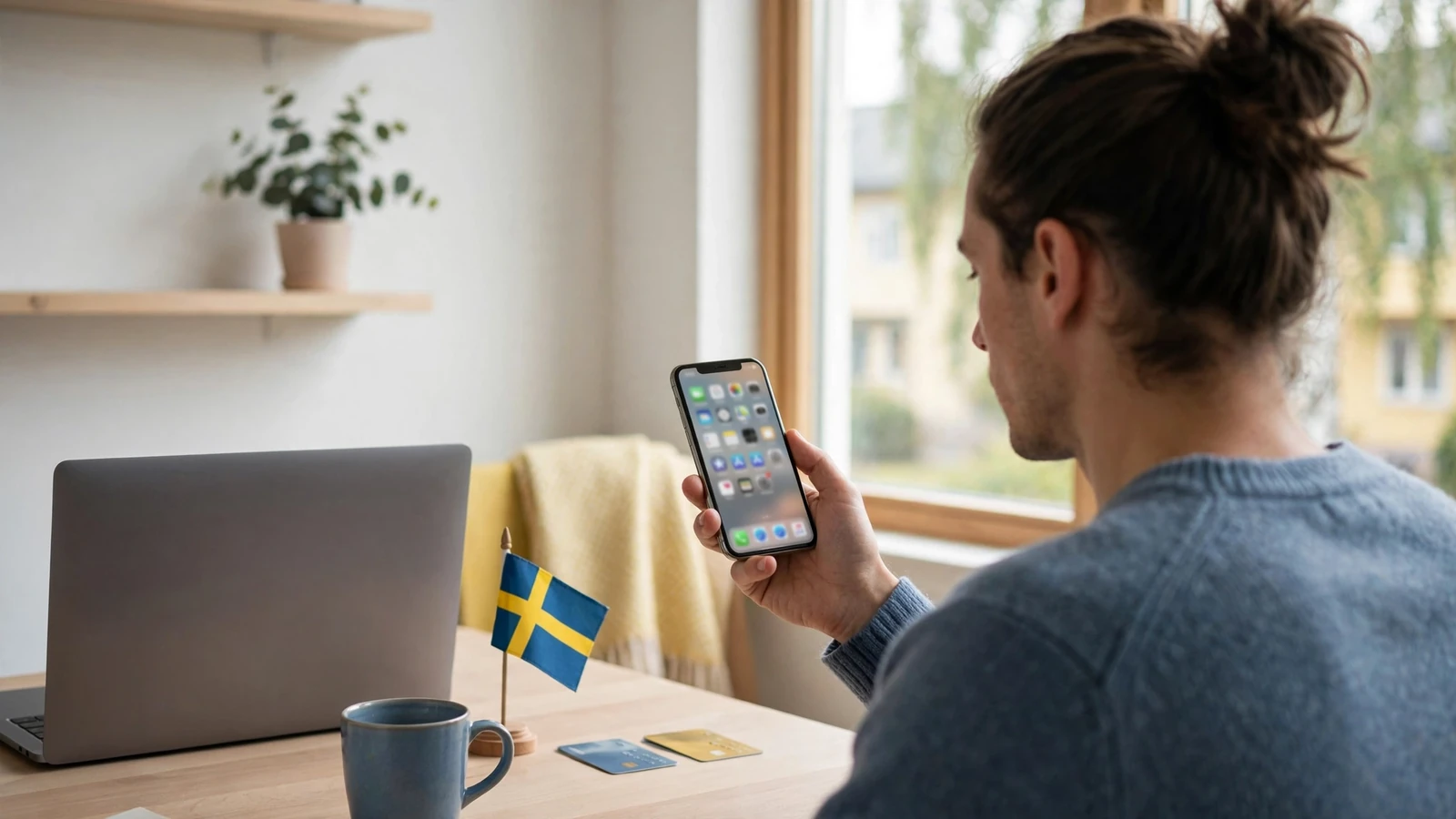 Svensk person vid skrivbord med smartphone och betalkort, Swish-betalning