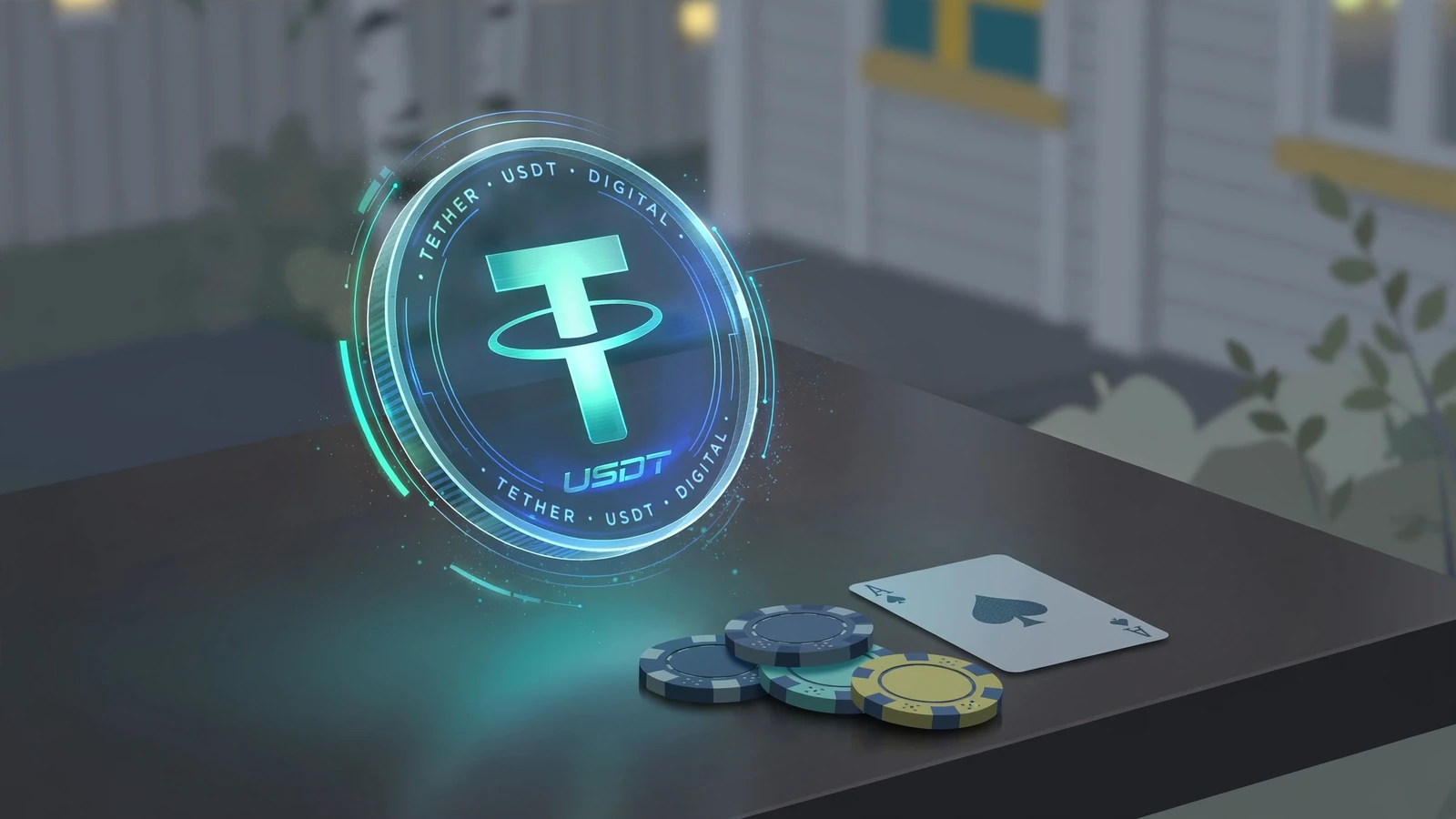 Digital illustration av Tether-mynt och casinomarker i skandinavisk stil
