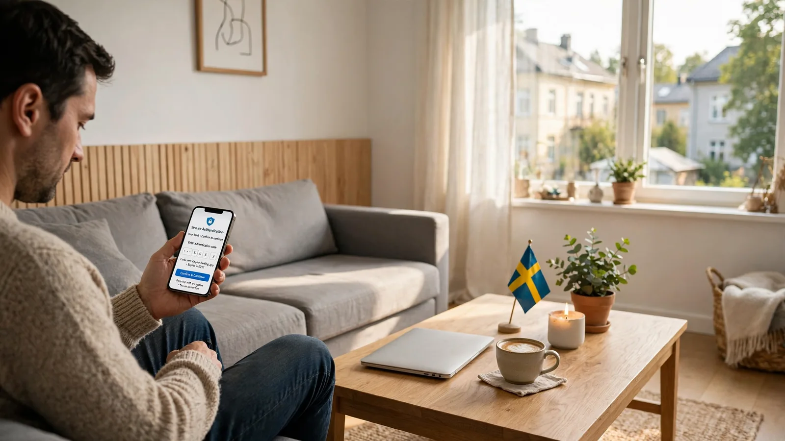 Modern svensk heminteriör med person som använder smartphone för bankidentifiering, laptop och kaffe