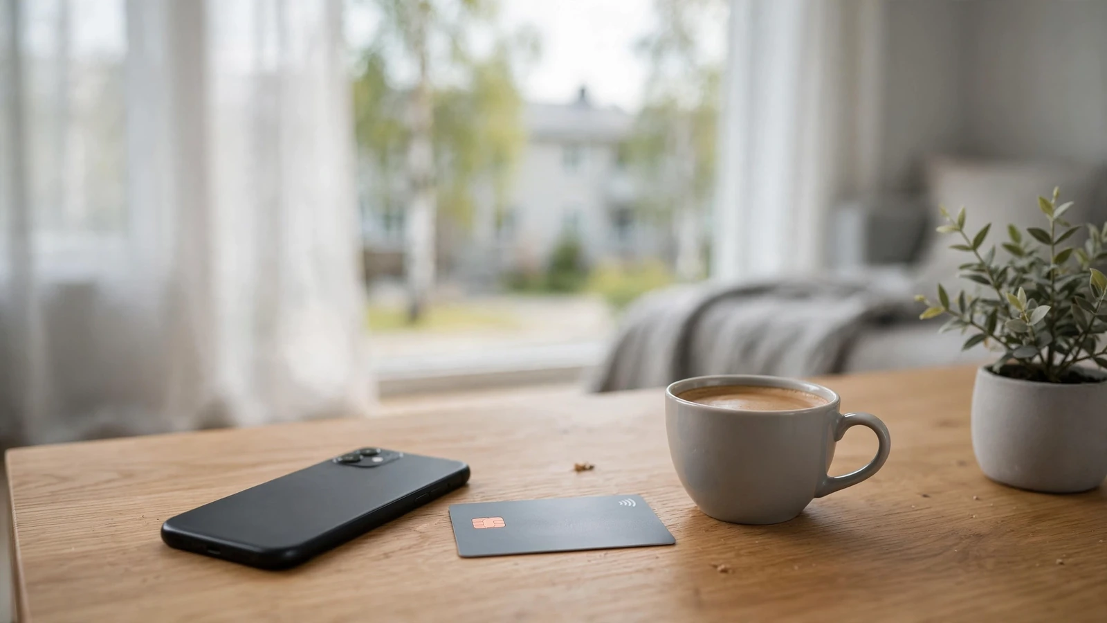 Visa-kort och telefon på ett svenskt soffbord