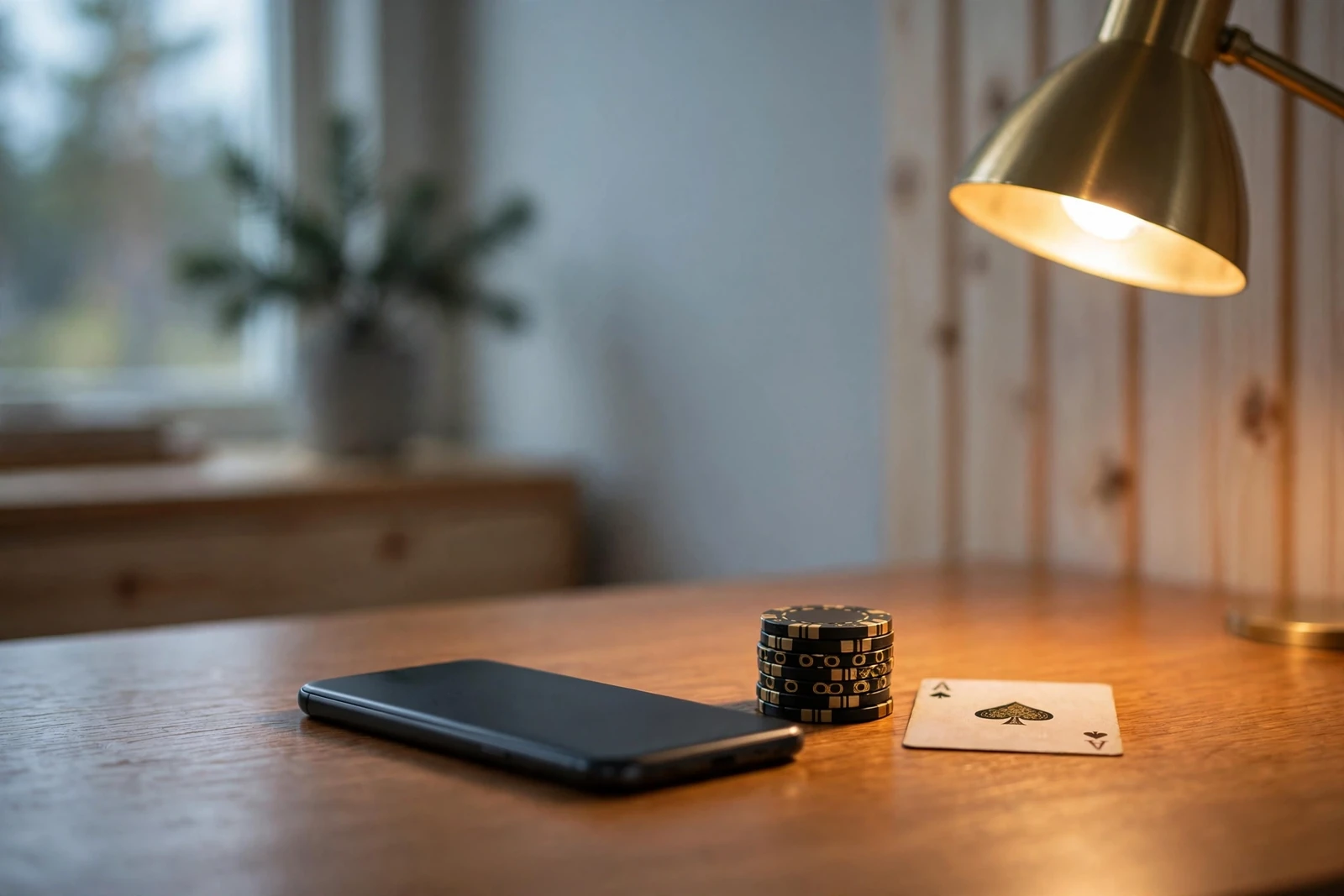 Smartphone med casinofigurer på ett minimalistiskt svenskt bord