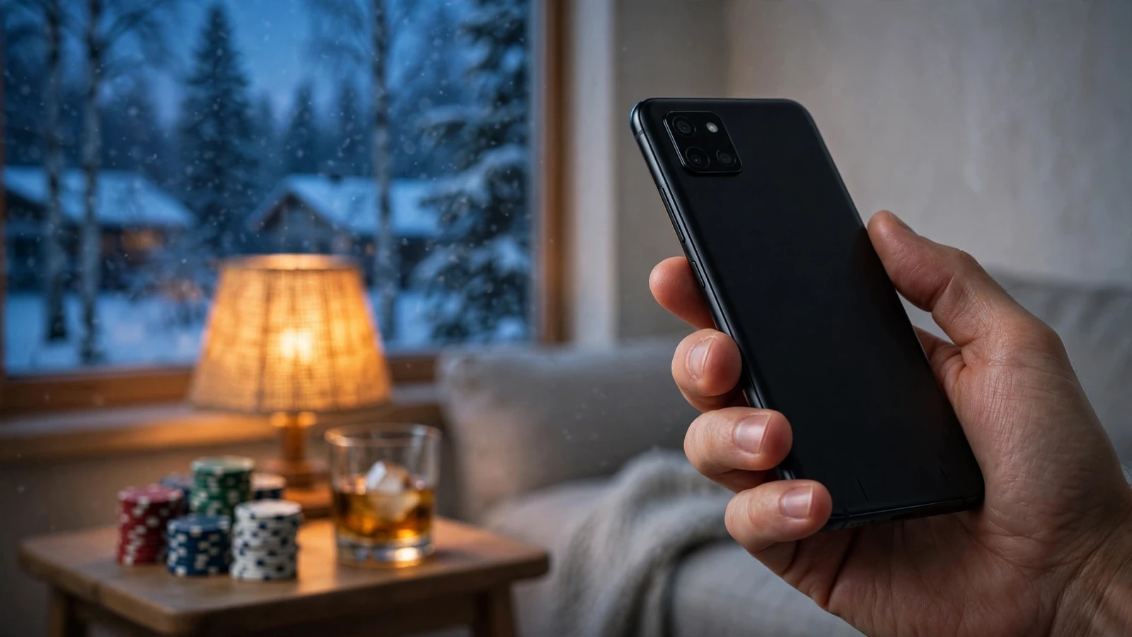 Hand som håller en Android-telefon med casinomarker i bakgrunden