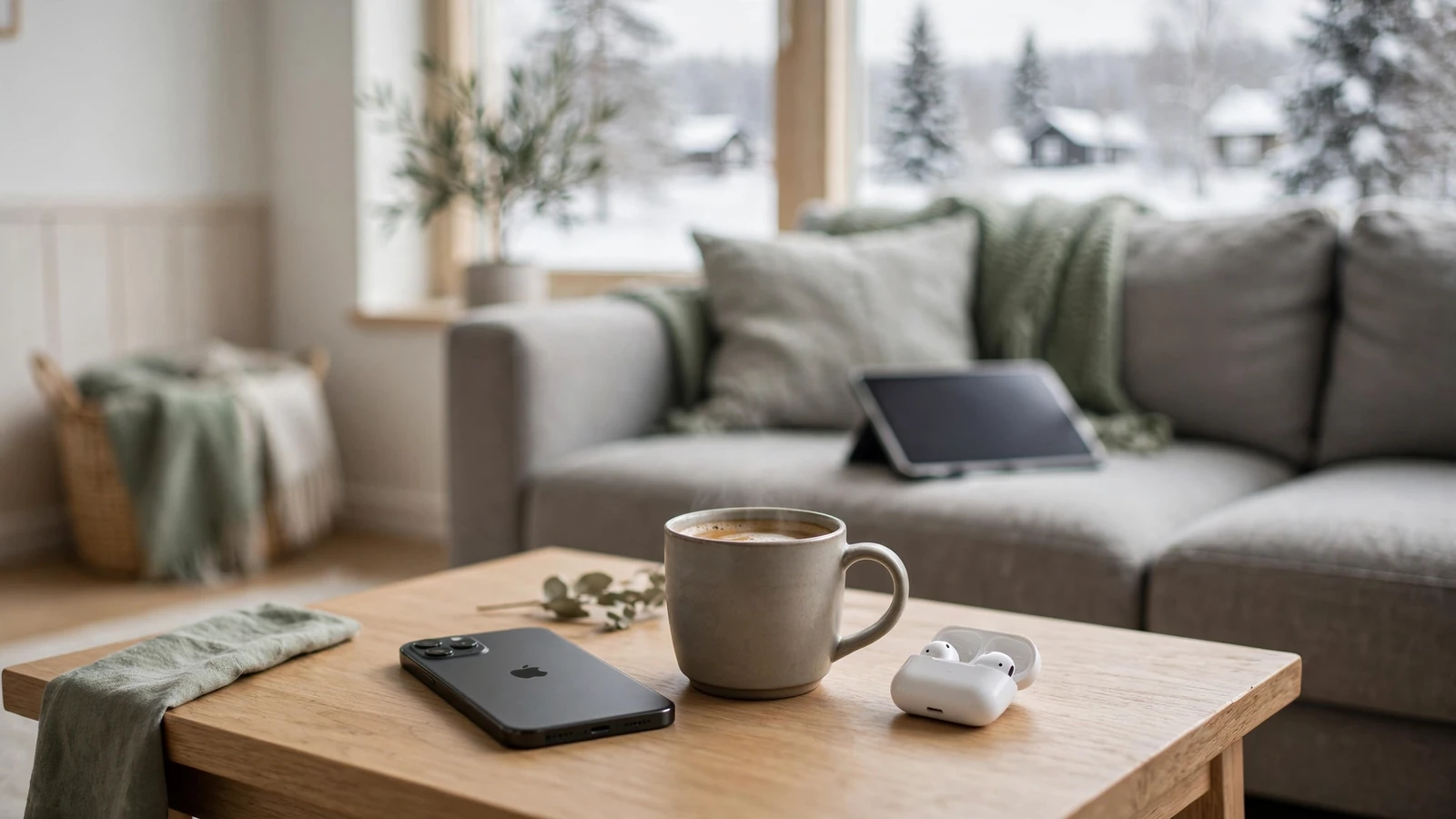 iPhone liggande med skärmen nedåt i ett ljust skandinaviskt vardagsrum, Sverige