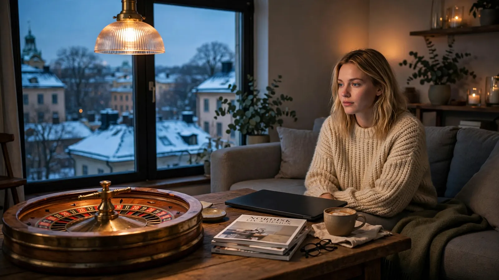 Kvinna i modernt vardagsrum med roulettehjul och stängd laptop