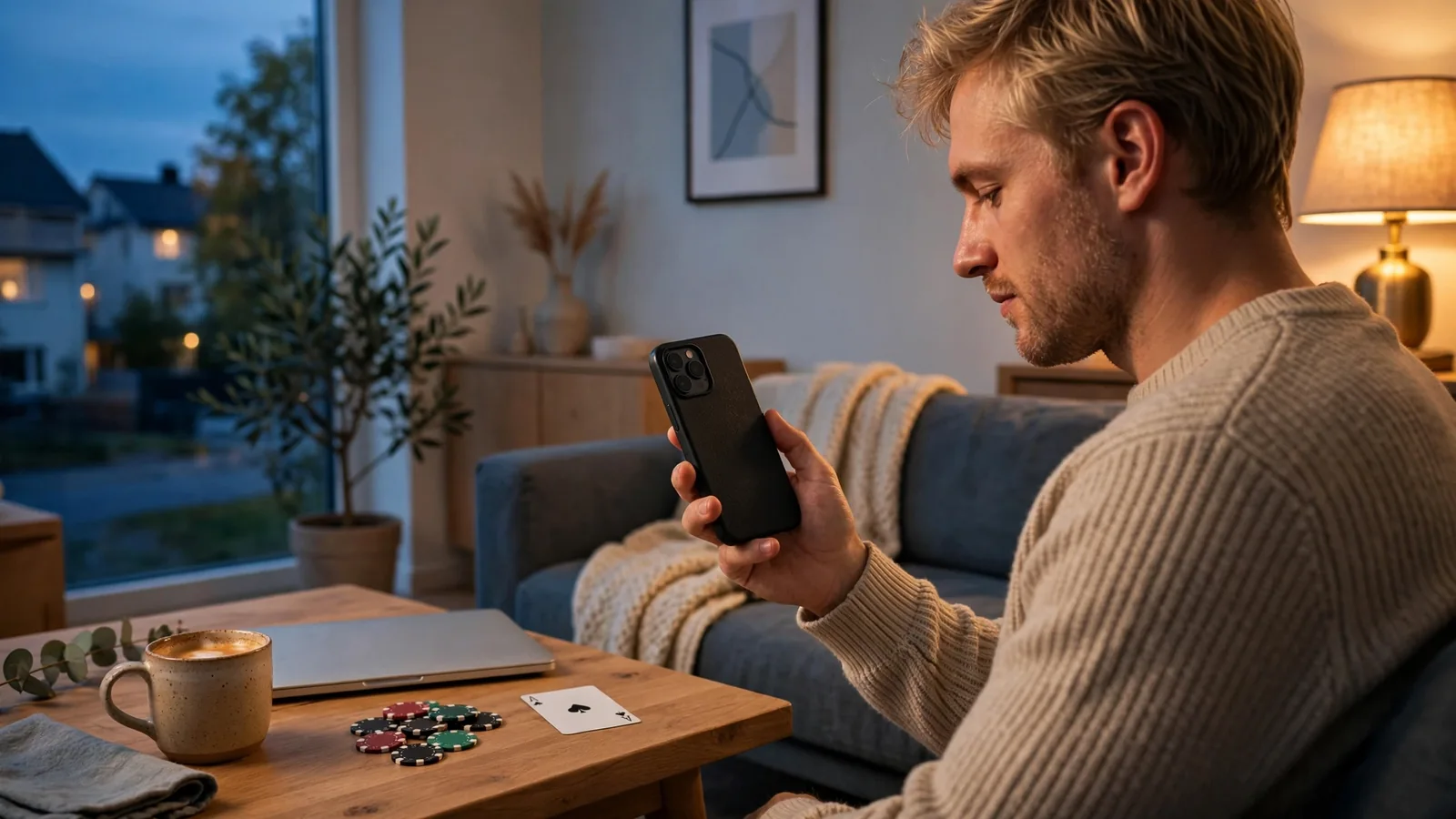Person i modernt svenskt vardagsrum med casinotillbehör på bordet
