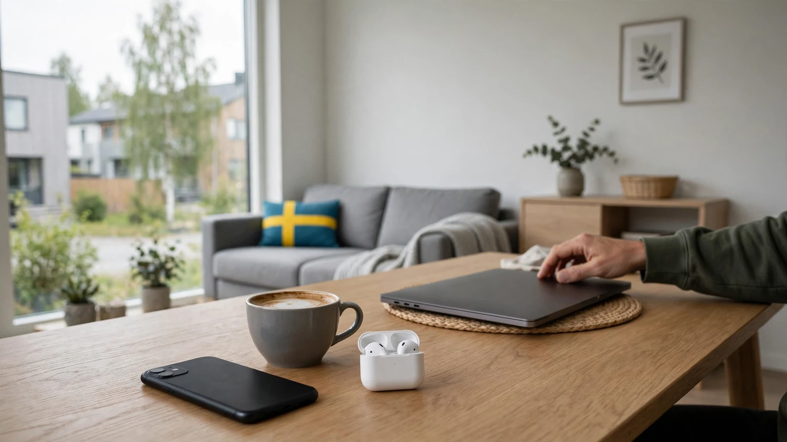 Modern svensk hemmiljö med smartphone och laptop, BankID och Pay N Play symboliserar smidig åtkomst.