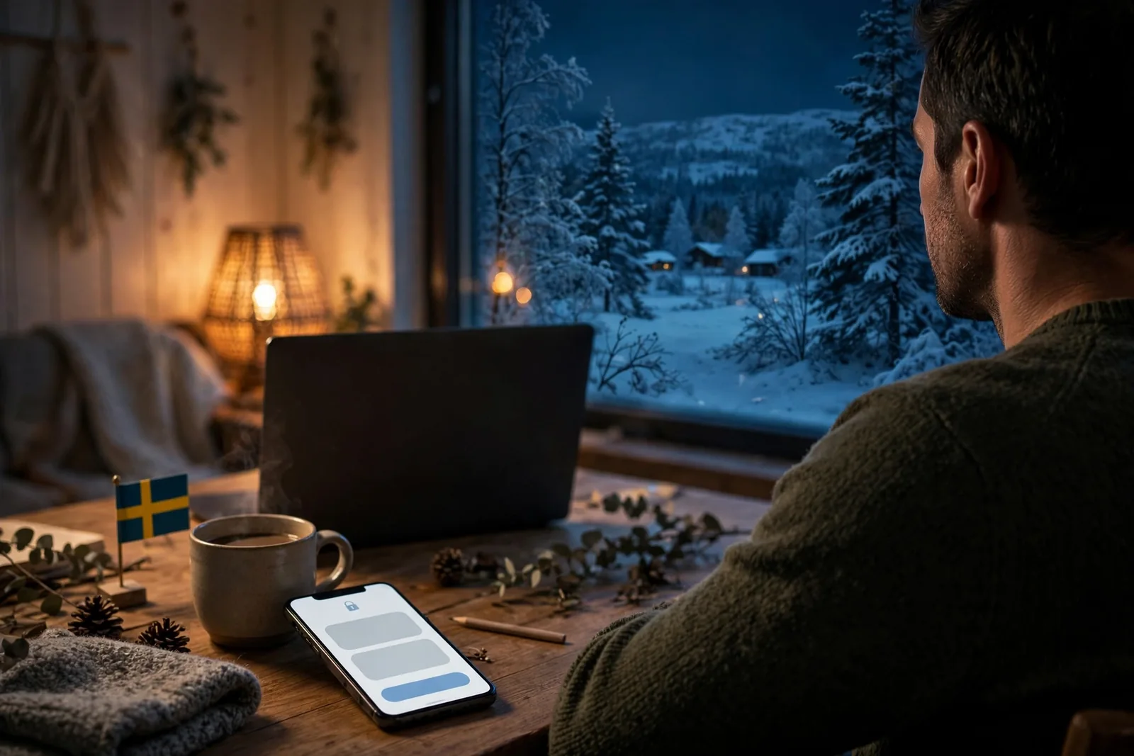 Person vid skrivbord med laptop och Skrill-app i Sverige