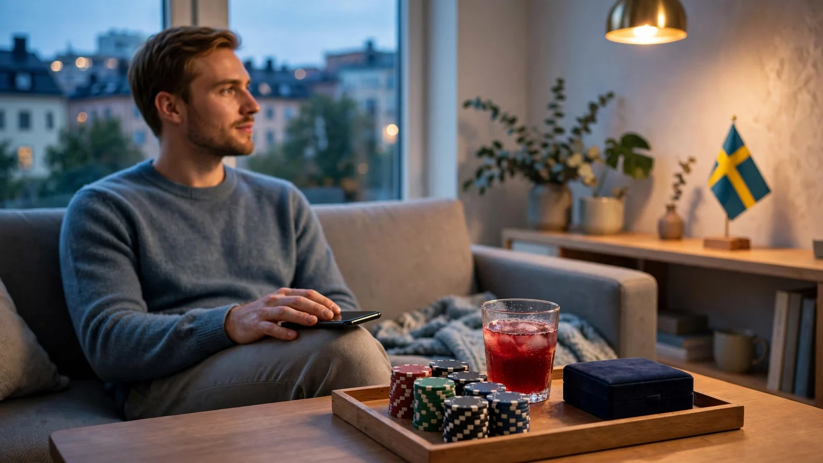 Svensk person i vardagsrum med casinofigurer och stängd mobiltelefon