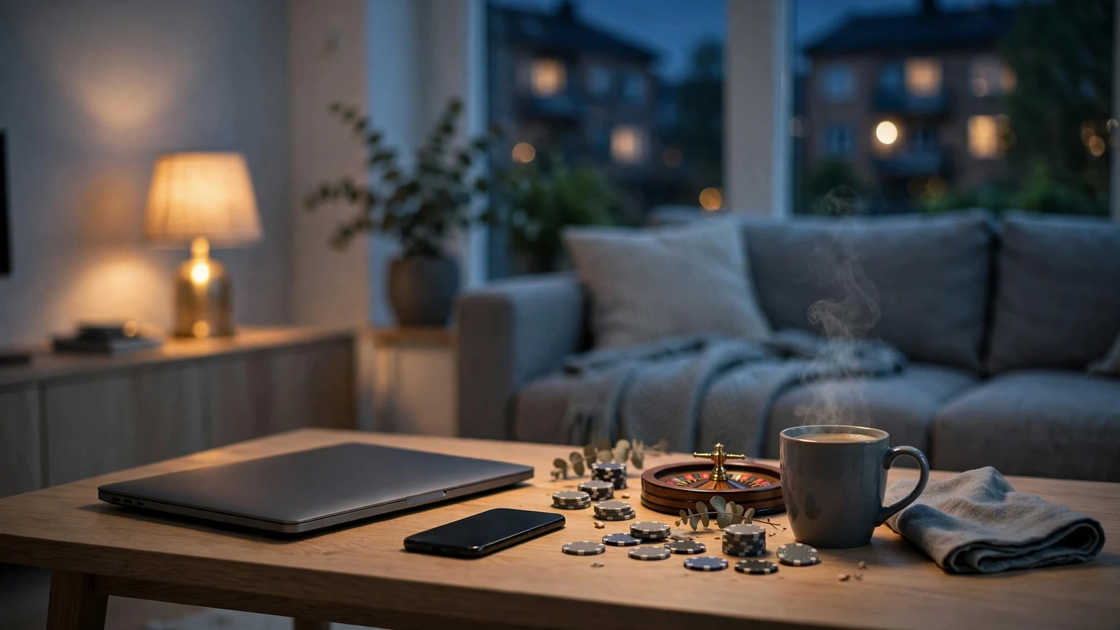 Skandinavisk vardagsrum med stängd laptop, casinomarker och rouletthjul på bordet
