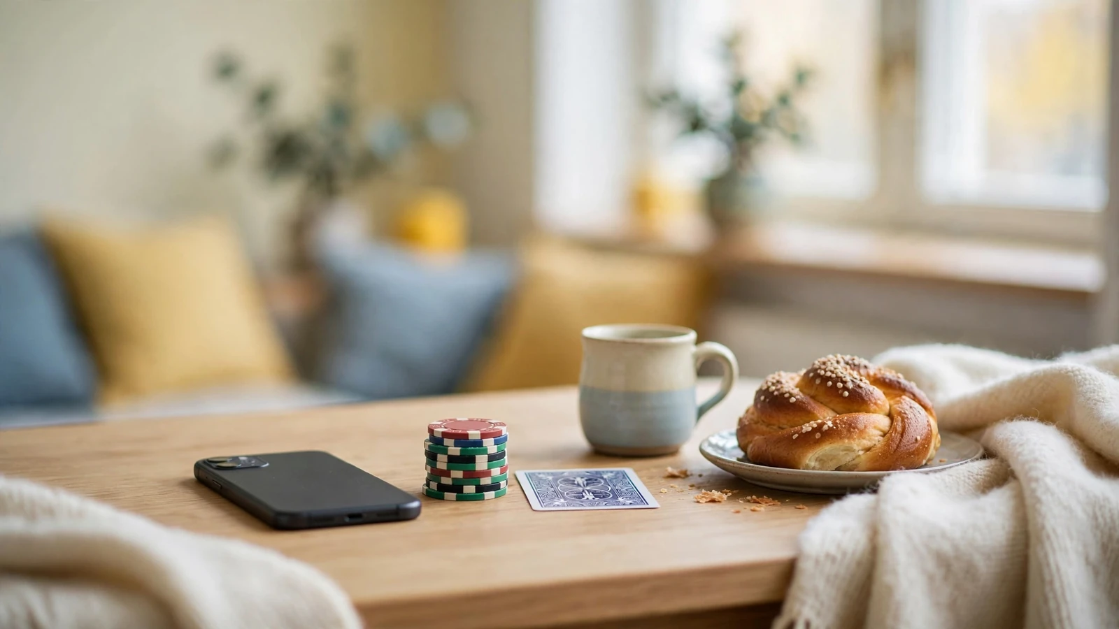 Smarttelefon och casinoföremål på ljust skandinaviskt bord i svensk hemmiljö