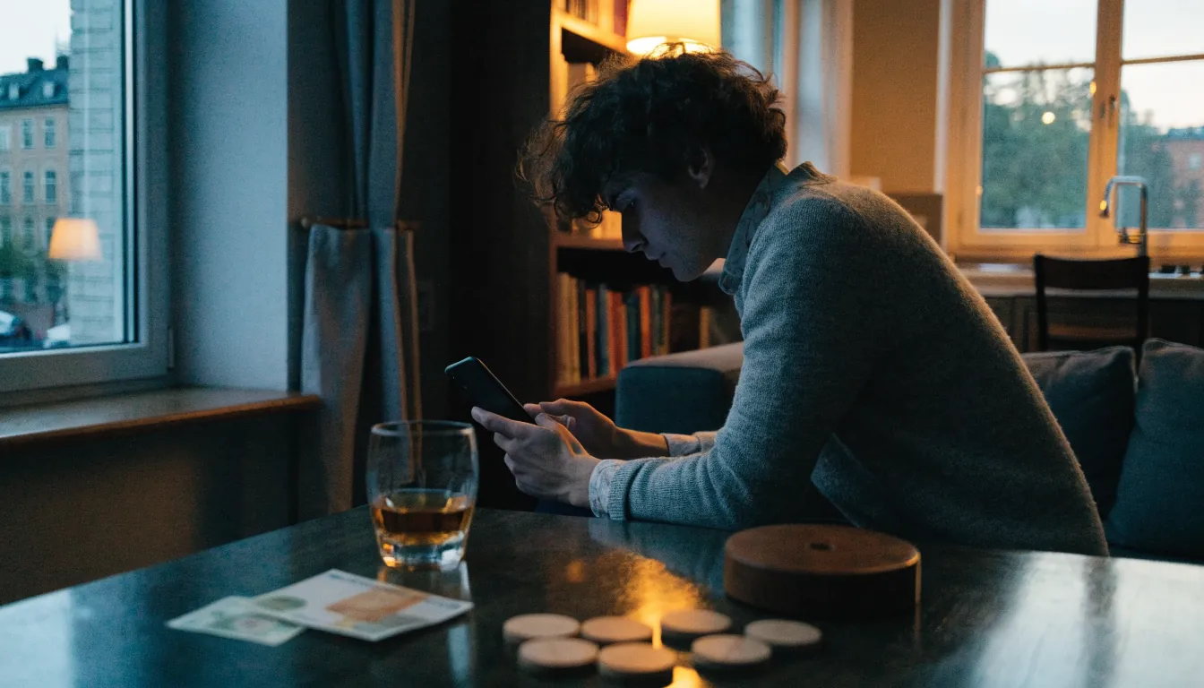 Person i svensk lägenhet med telefon, kasinotema i bakgrunden