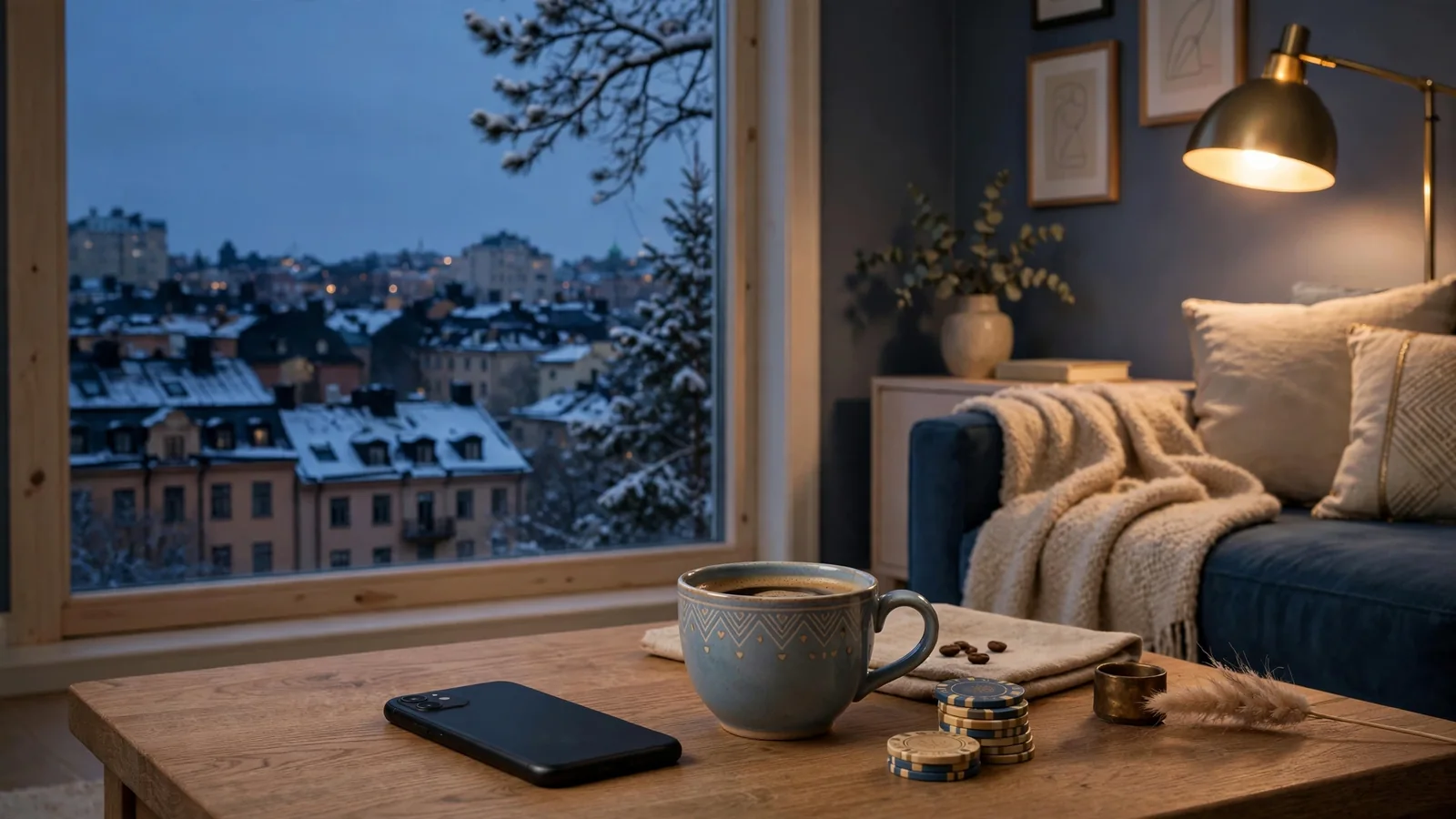 Smartphone vid kaffebord i mysig svensk lägenhet med casinomarker