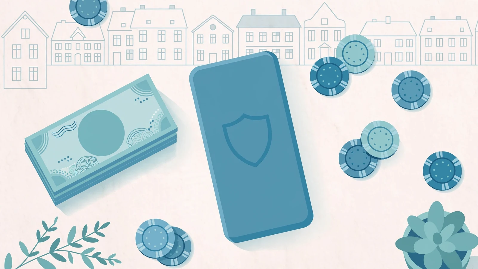 Smartphone med BankID-ikon, svenska sedlar och casinomarker